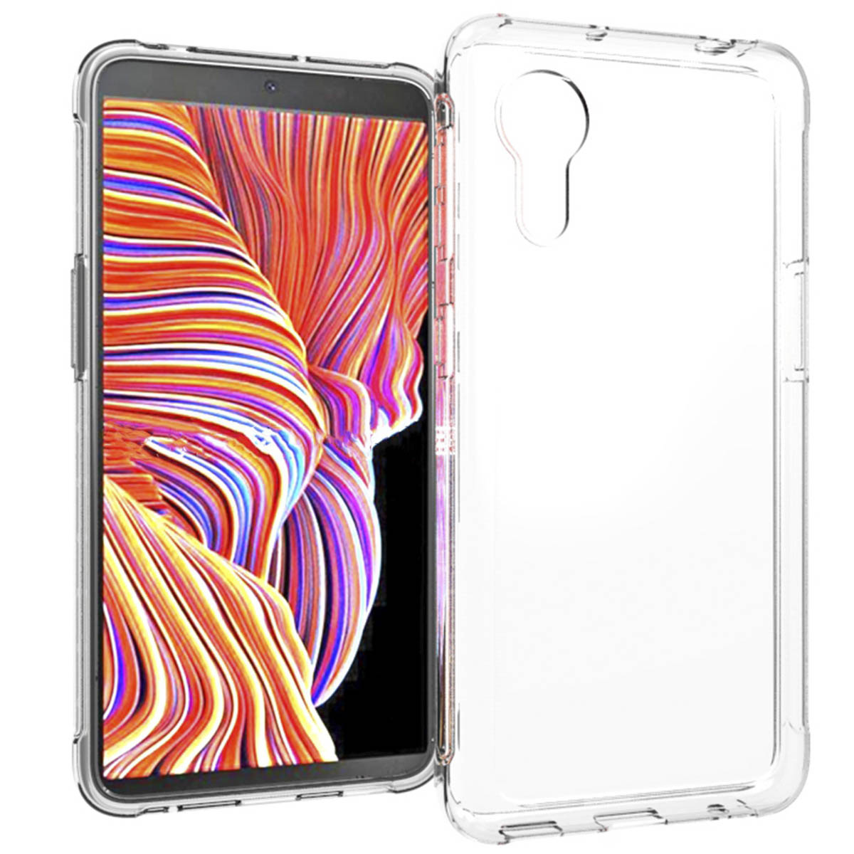 Een doorzichtige telefoonhoes met een telefoon erin. De telefoon toont een kleurrijk abstract patroon. De hoes is open.