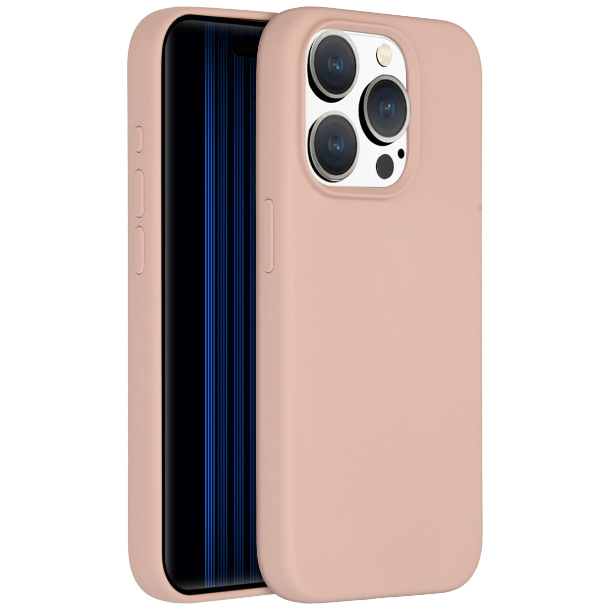 Een roze telefoonhoesje met een telefoon erin. Het telefoonscherm is zwart met blauwe verticale lijnen. De hoes heeft drie cameralenzen.