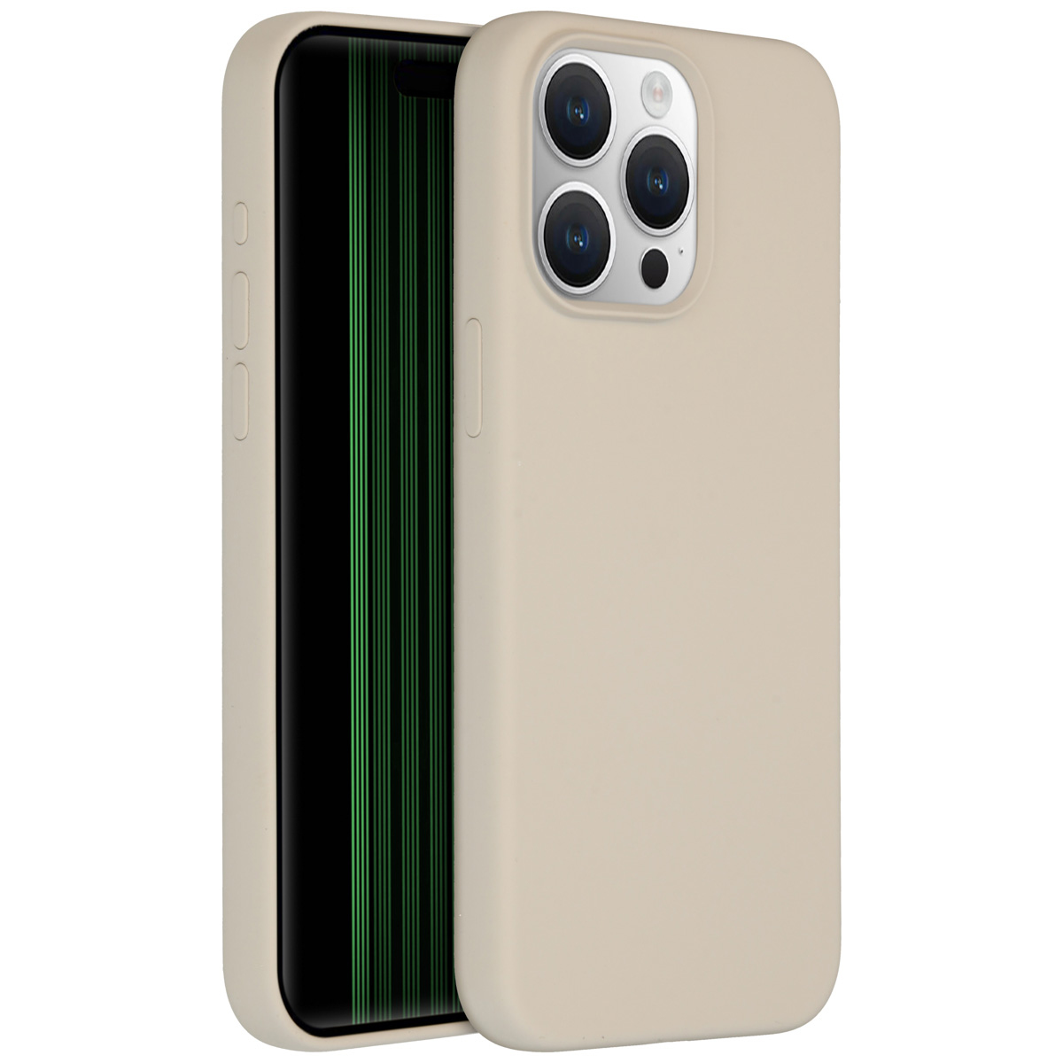 Beige telefoonhoesje met telefoon erin. Scherm toont groene lijnen. Hoesje heeft cameralenzen.