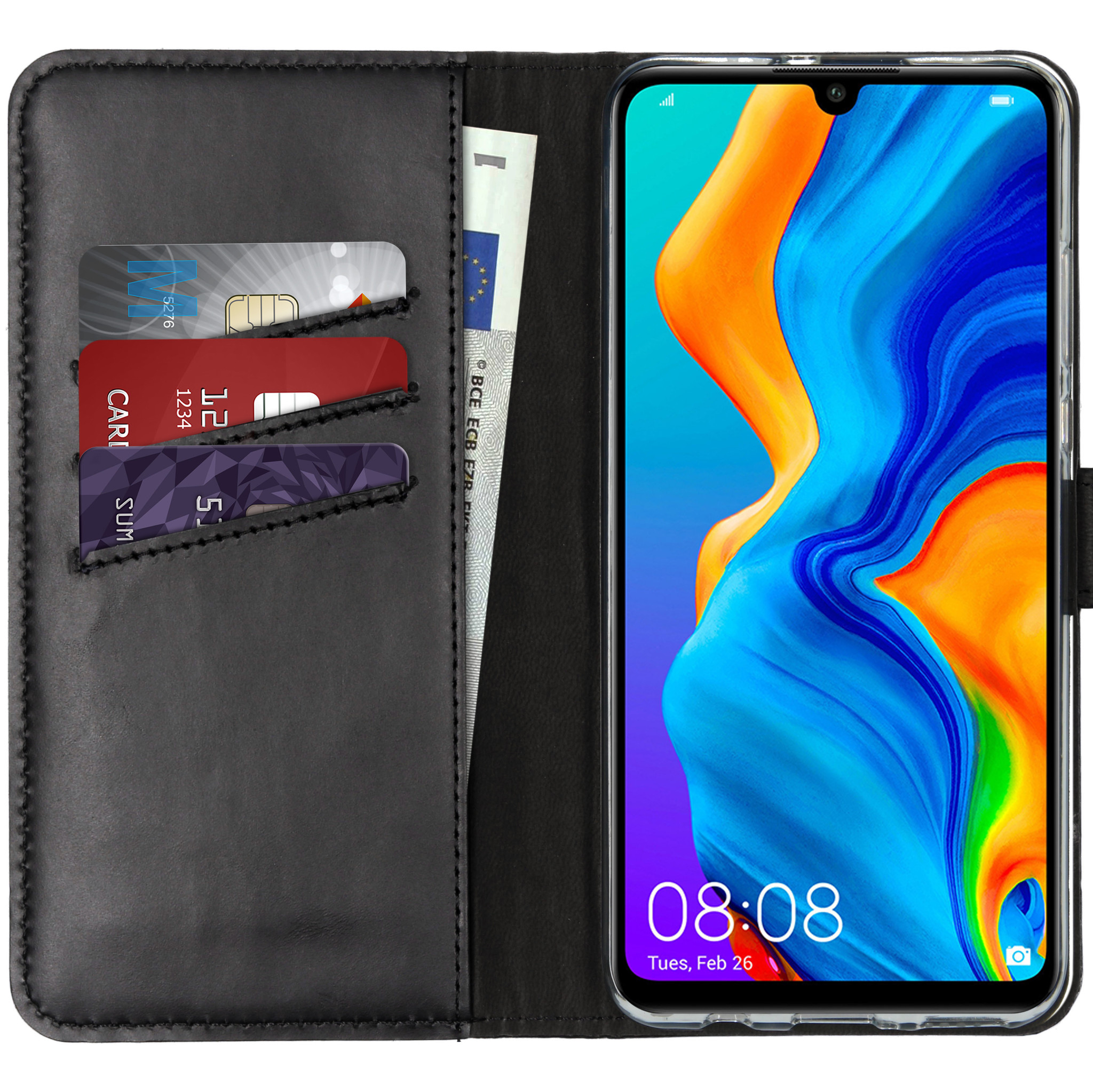 Un téléphone dans un étui portefeuille noir. Des cartes de crédit et une facture sont visibles. Le téléphone affiche l'heure et un fond coloré.