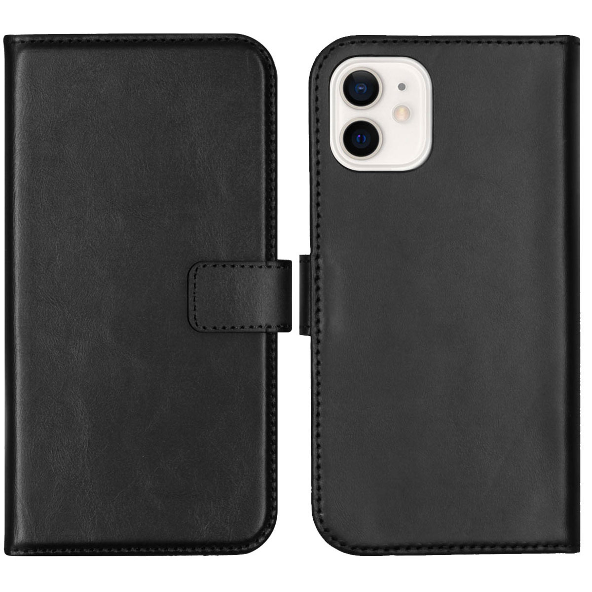Custodia per telefono in pelle nera, aperta per rivelare il telefono. La custodia ha una chiusura magnetica. Il telefono ha due fotocamere e un flash.
