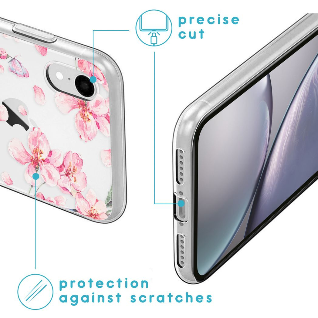 Coque de téléphone transparente avec motif floral, montrant une coupe précise et une protection contre les rayures. Le téléphone est visible.