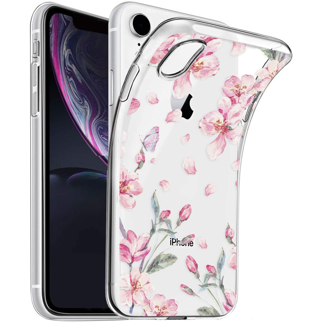 Une coque transparente pour iPhone avec des motifs floraux roses et papillons. Il y a un iPhone à l'intérieur. La coque porte le mot iPhone.