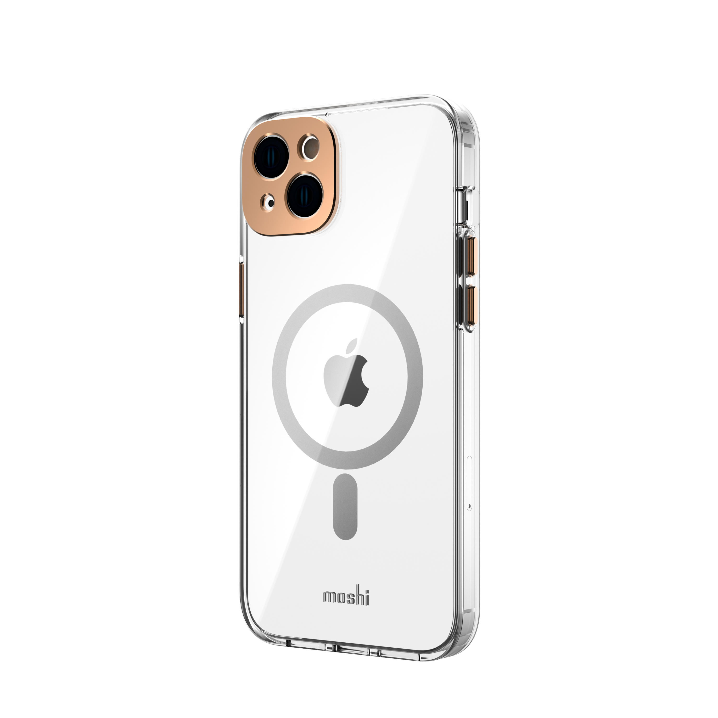 Custodia trasparente per iPhone. La parte superiore ha dettagli dorati per la fotocamera. Logo Apple visibile. Logo Moshi in basso.