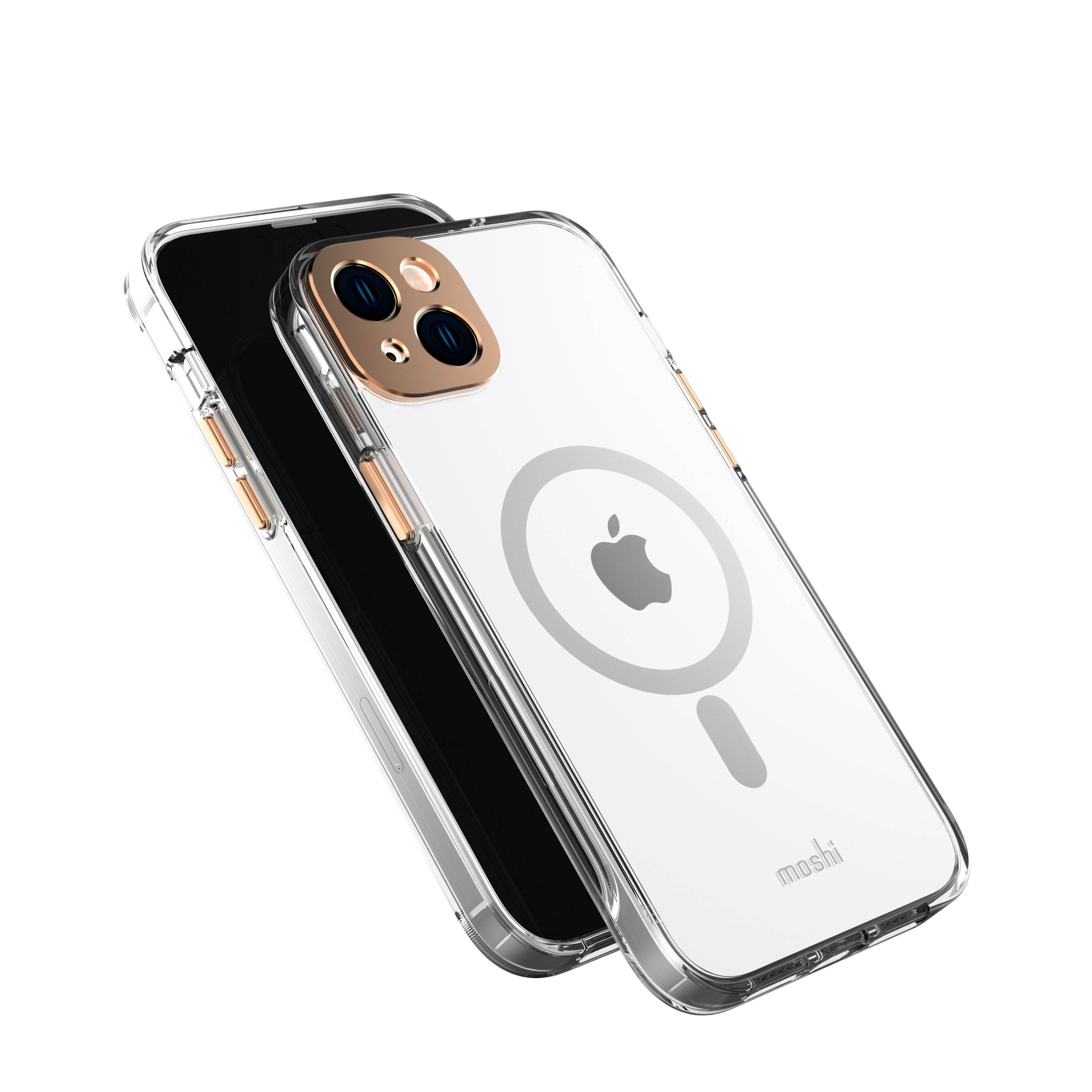 Due custodie trasparenti per telefono, una sopra l'altra. La custodia superiore ha un'area fotocamera dorata e il logo Apple.