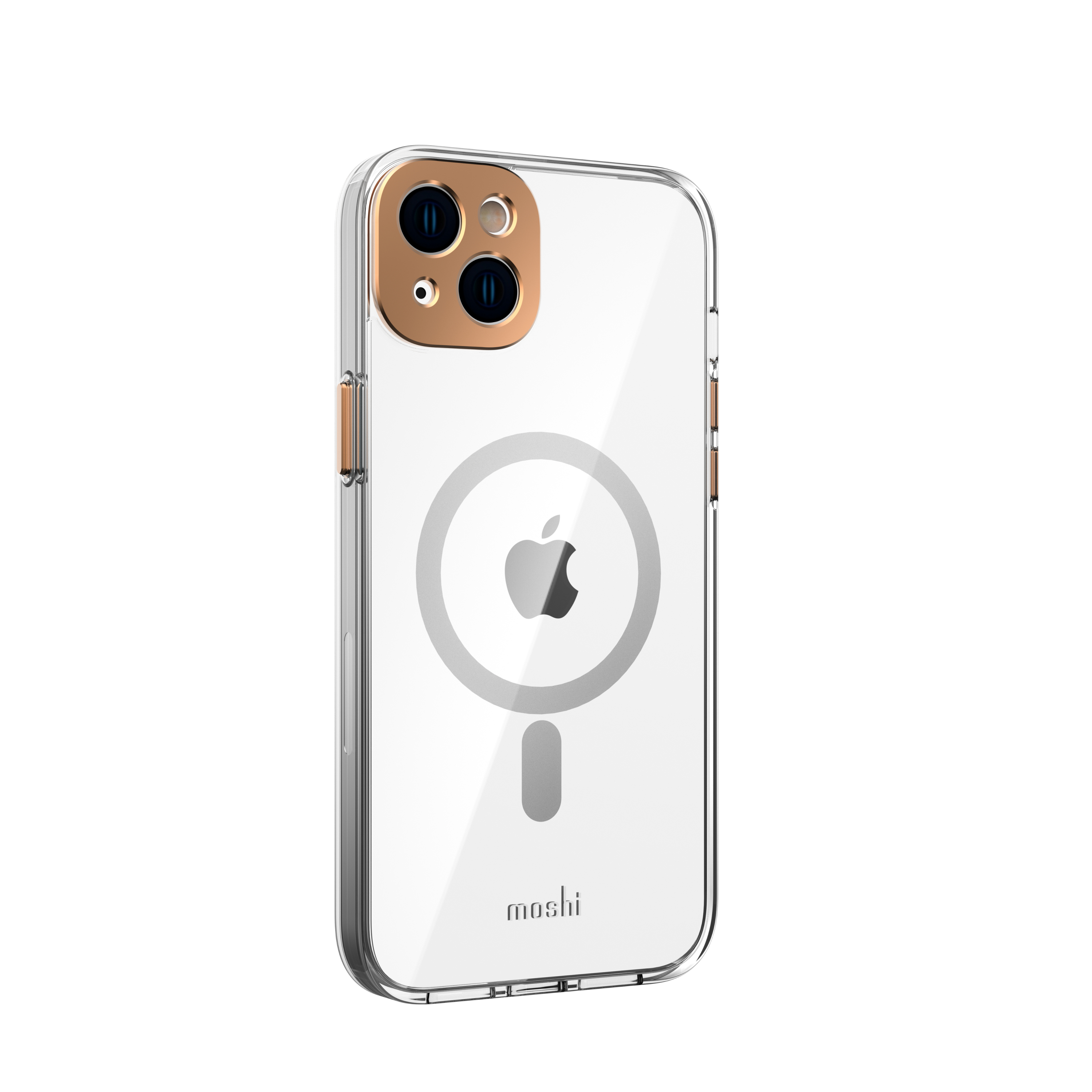 Custodia trasparente per telefono con anello fotocamera dorato e logo Apple. Marchio 'moshi' in basso.