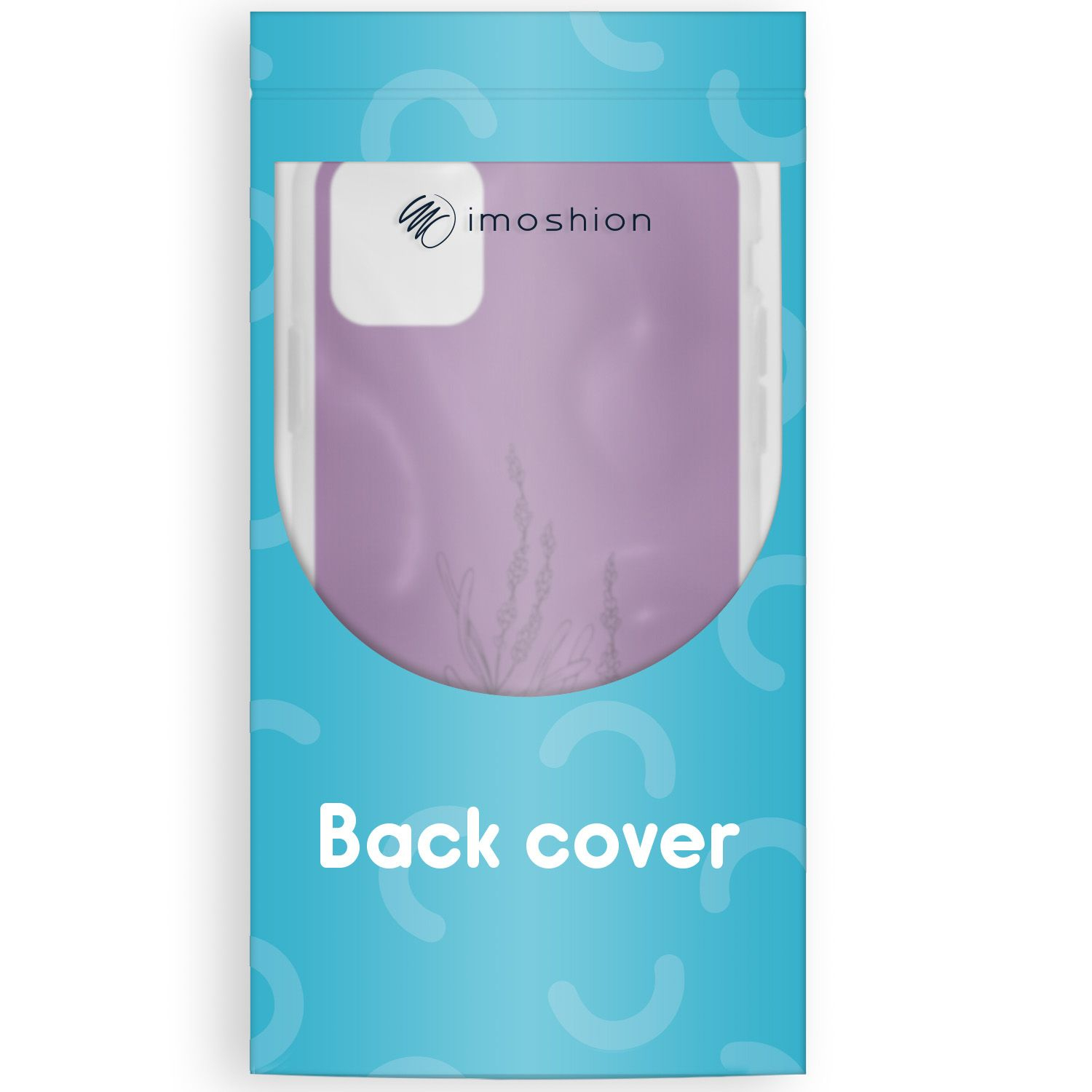 A phone case package. The front shows the imoshion logo. The back cover is lavender with a floral design. The package is turquoise.