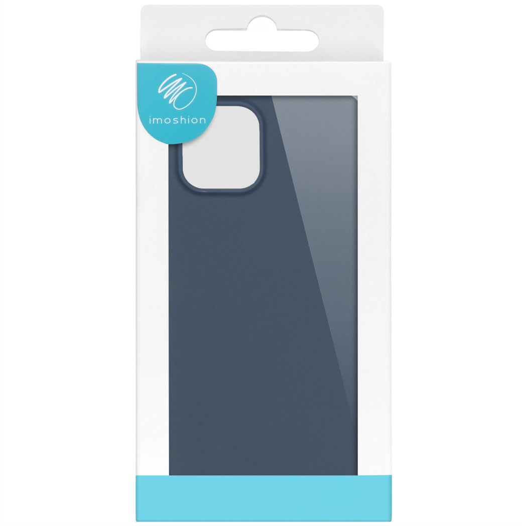 Une coque de téléphone dans une boîte. La coque est bleu foncé, la boîte est blanche et le logo est en haut à gauche.