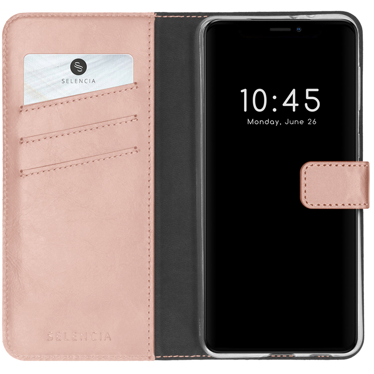 Een telefoon in een roze leren hoesje. Het scherm toont 10:45 op 26 juni. Een kaart is zichtbaar in de hoes met het Selencia-logo.