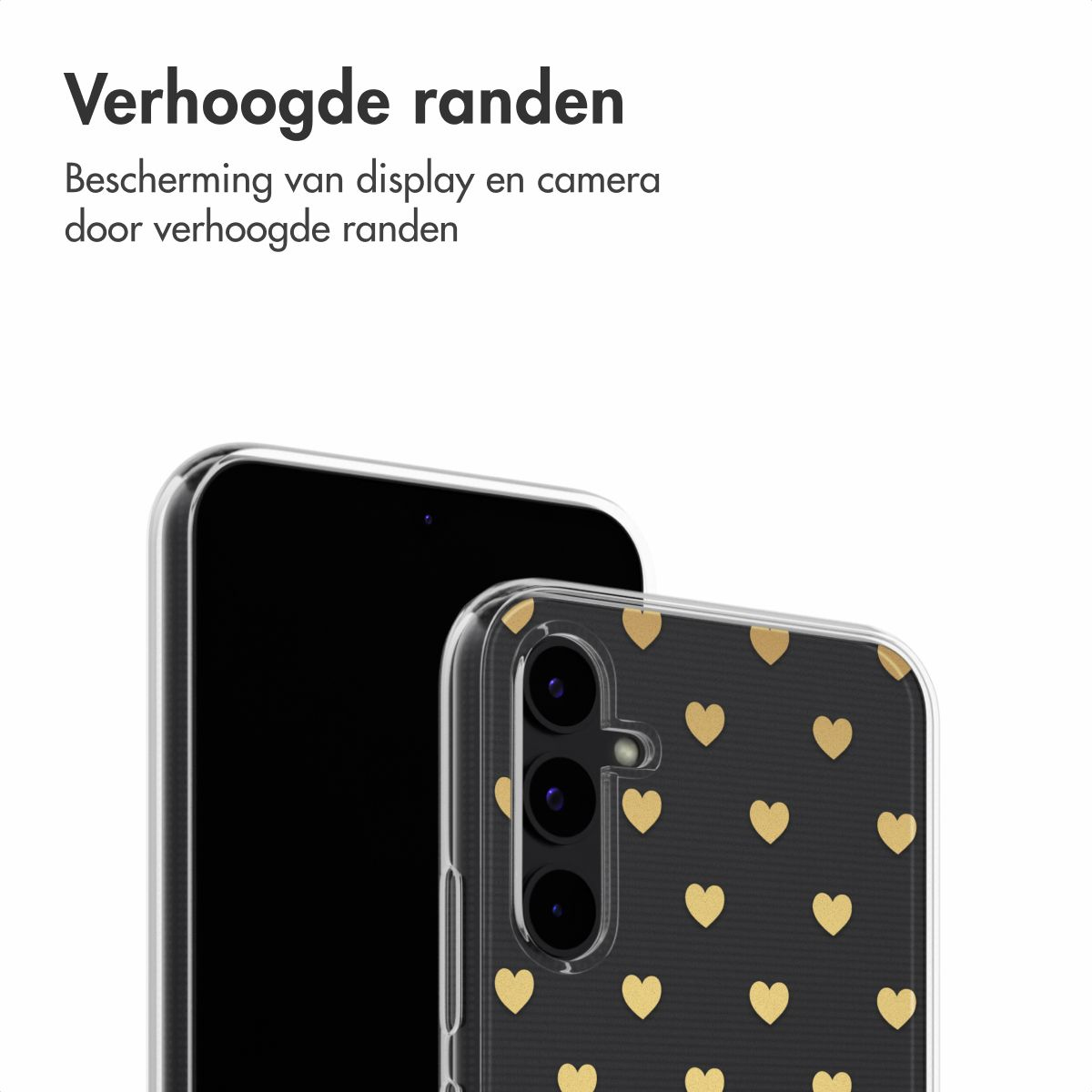Een telefoon in een hoesje met gouden hartjes. Het hoesje zit rechts, het scherm is zwart. De achtergrond is wit.