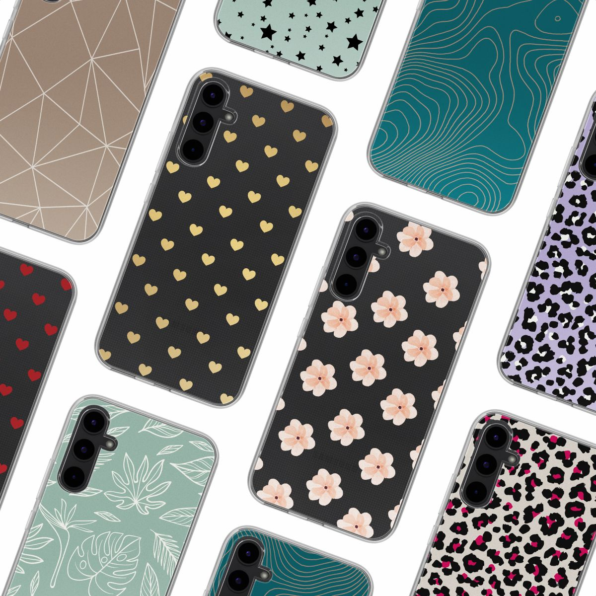 Verzameling telefoonhoesjes. Verschillende ontwerpen: harten, bloemen, bladeren, sterren, luipaardprint en geometrische patronen. Verschillende kleuren.