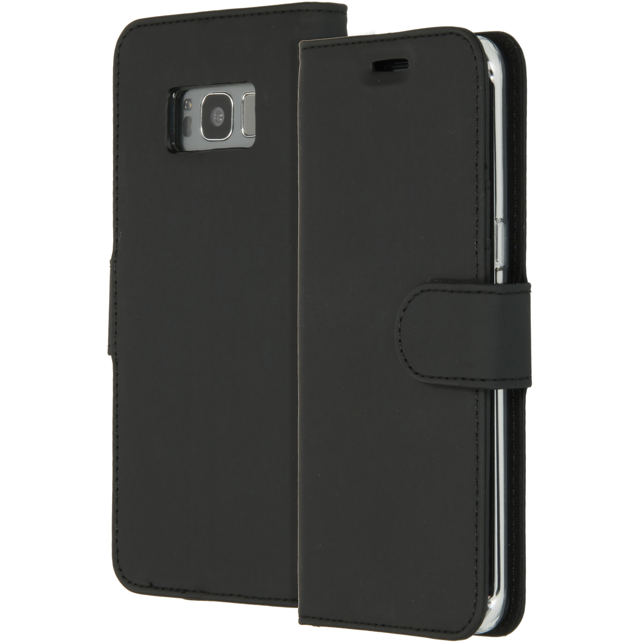 Étui de téléphone noir avec un téléphone à l'intérieur. L'étui est ouvert, montrant la caméra. Le fond est blanc.