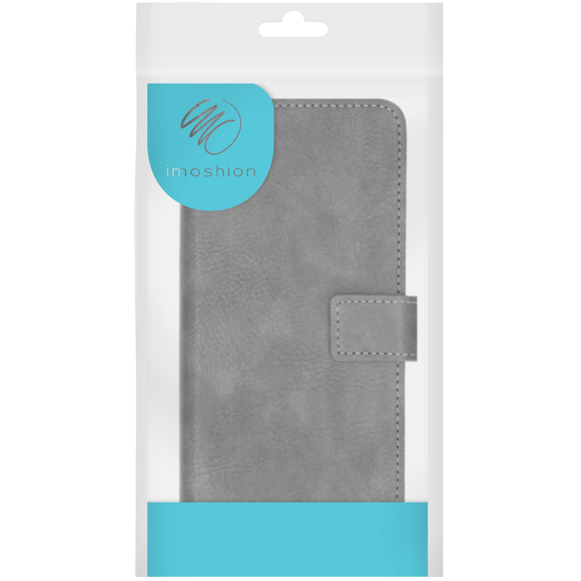 Una custodia grigia per telefono in una confezione di plastica trasparente. La custodia ha una chiusura magnetica. Il marchio è imoshion.