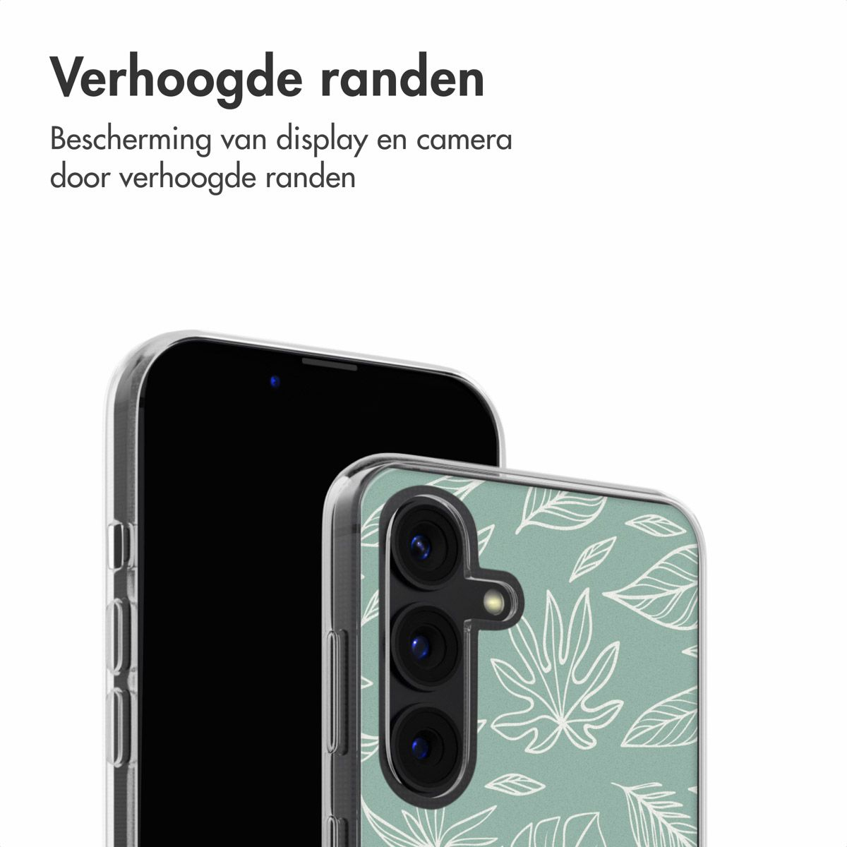 Un téléphone dans une coque. La coque a un motif de feuilles. L'écran du téléphone est noir. Le texte en haut dit : « Bords surélevés ».