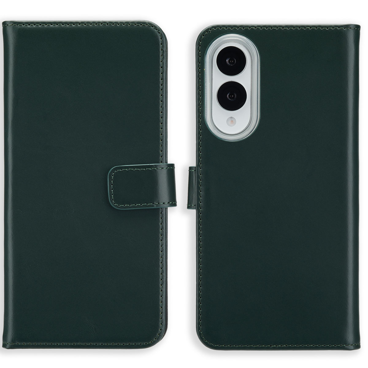 Groene leren telefoonhoes, open. De rechterkant toont de cameralenzen van de telefoon. Een magnetische sluiting is zichtbaar.
