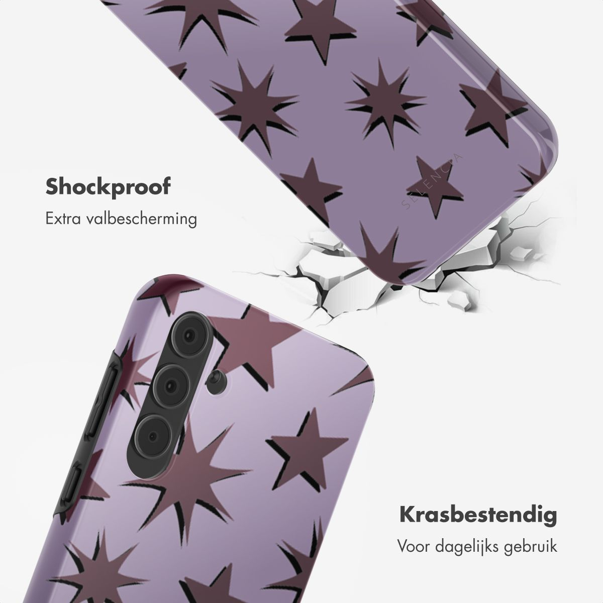 Twee telefoonhoesjes met paars sterrenpatroon, één gebroken. Tekst: Schokbestendig en Krasbestendig.