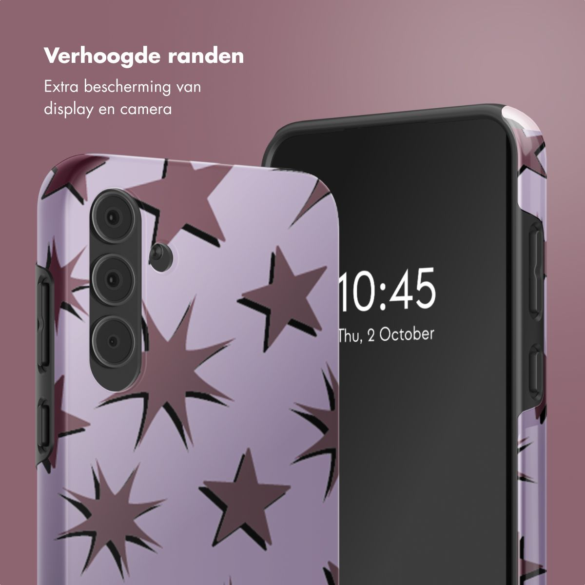 Twee smartphones met sterrenpatroonhoesjes. Eén toont de tijd als 10:45 op 2 oktober. De andere is gedeeltelijk zichtbaar.