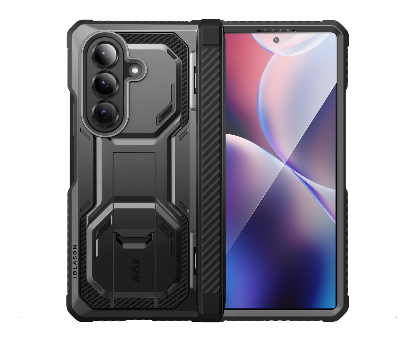 Gezeigt wird eine schwarze Handyhülle mit Ständer. Das Telefon ist geöffnet und zeigt ein farbenfrohes Bild. Die Hülle hat ein robustes Design.