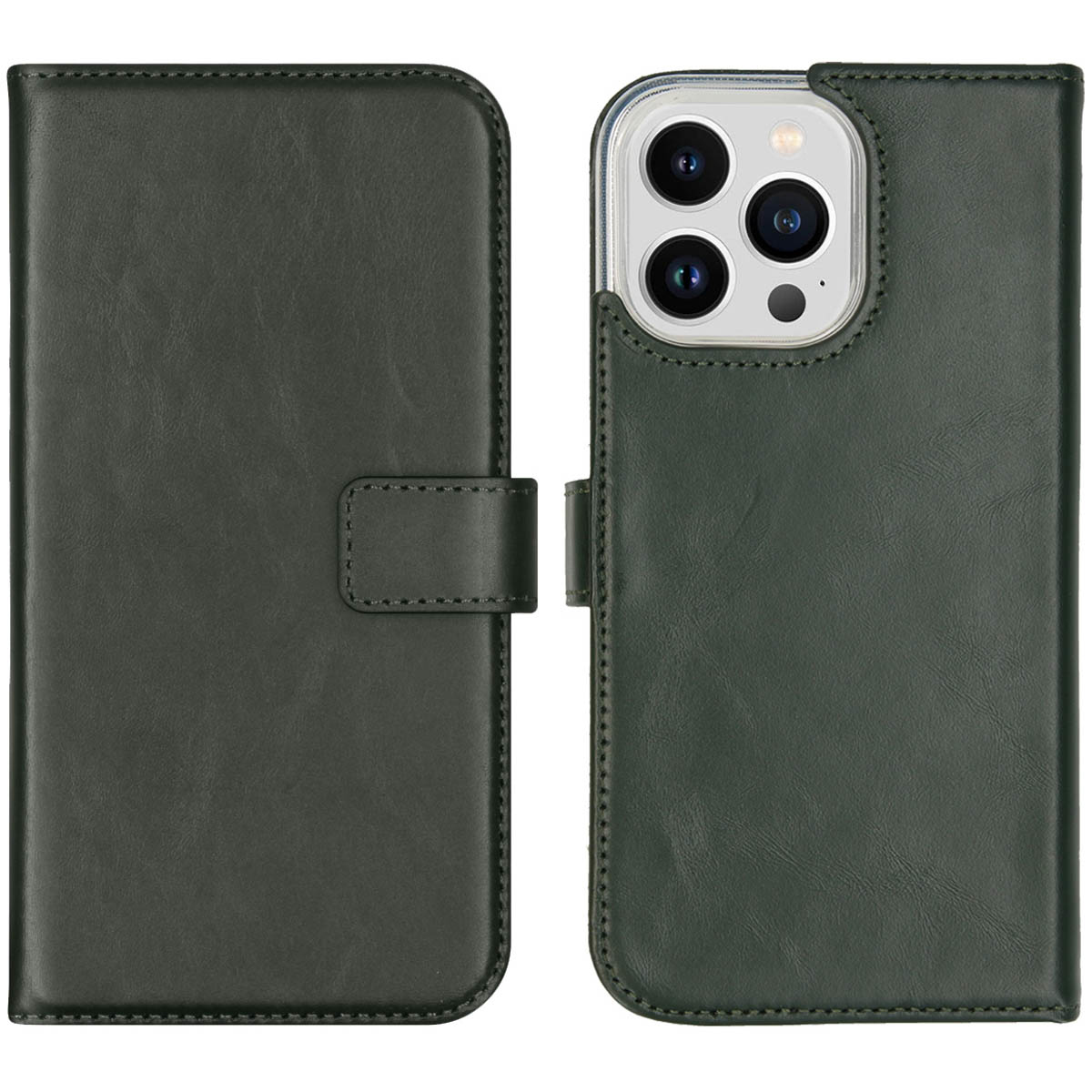 Groene leren telefoonhoes open. De rechterkant toont de telefoon. De linkerkant is een portemonnee.