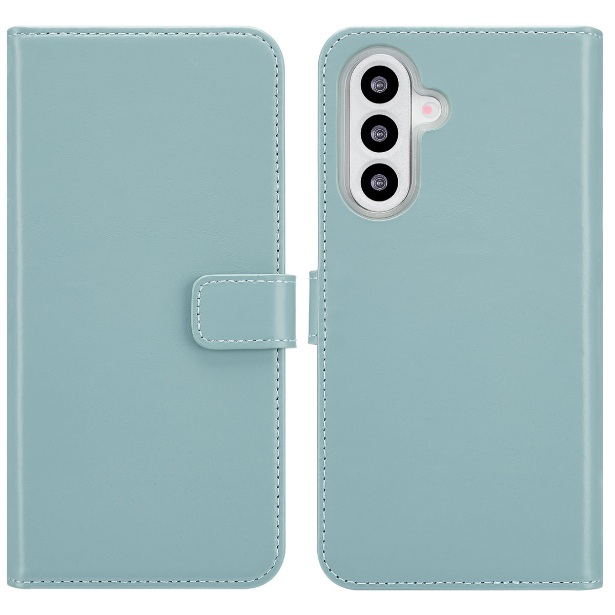 Un étui de téléphone bleu clair, ouvert. Il a une fermeture magnétique, des coutures et une découpe pour l'appareil photo.