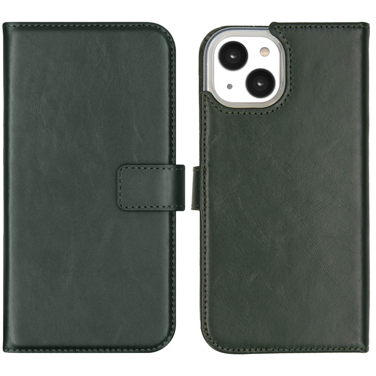 Groene leren telefoonhoes open, met zichtbare telefoon. De hoes heeft een magnetische sluiting.