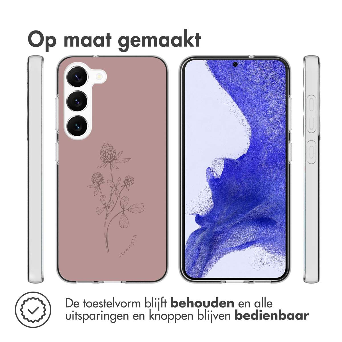 Phone cases in a row. One shows a flower design, others the phone's back and sides, all with text.