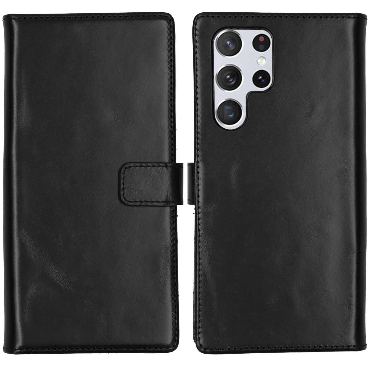 Un étui de téléphone en cuir noir, ouvert. Le côté gauche est un portefeuille, le côté droit un support de téléphone avec des objectifs d'appareil photo.