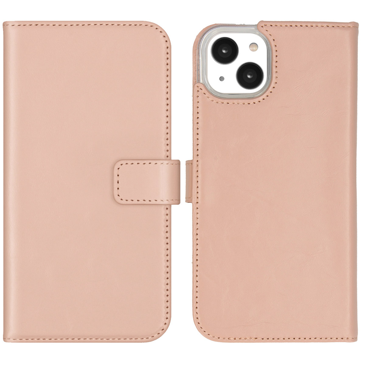 Een lichtroze leren telefoonhoesje, open. Het heeft een flap met magneetsluiting. De telefoon is aan de rechterkant zichtbaar.