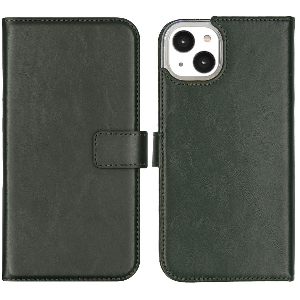 Un étui de téléphone vert foncé, ouvert pour révéler le téléphone. L'étui est en simili cuir avec des coutures et une fermeture magnétique.