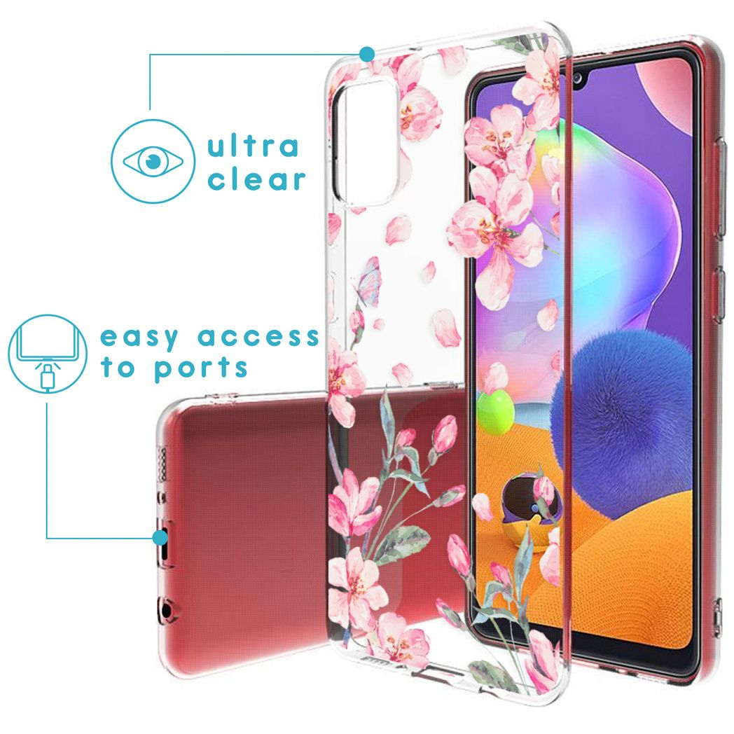 Een telefoonhoesje met bloemenpatroon, ultra helder. Gemakkelijke toegang tot poorten. Er zit een telefoon in.