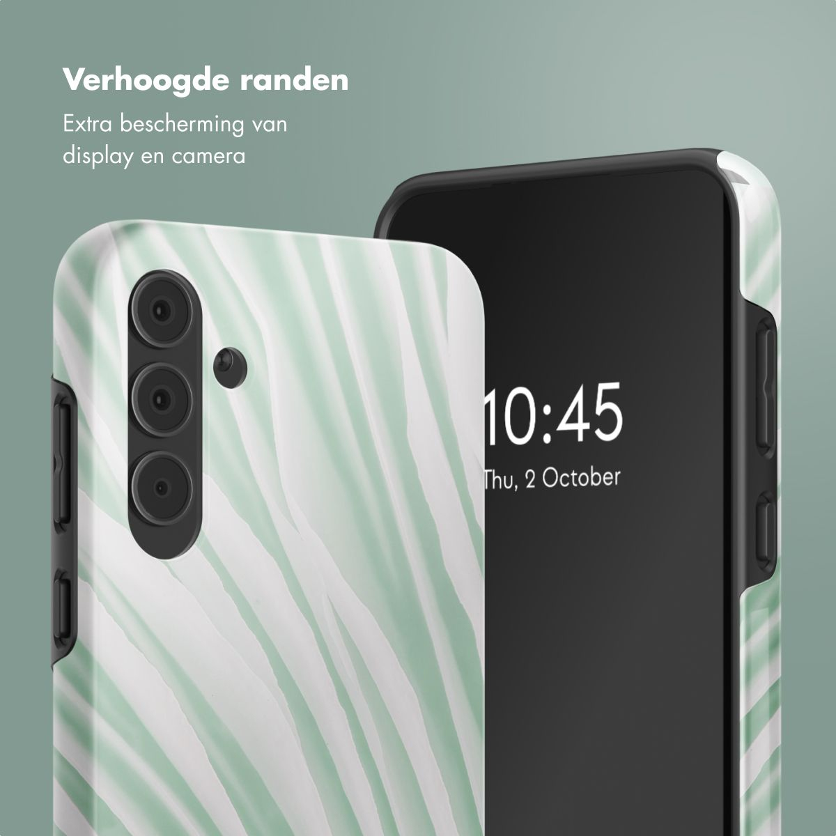 Téléphone avec étui à motifs verts. L'écran affiche 10:45, jeudi 2 octobre. Le texte néerlandais dit 'Bords surélevés'.