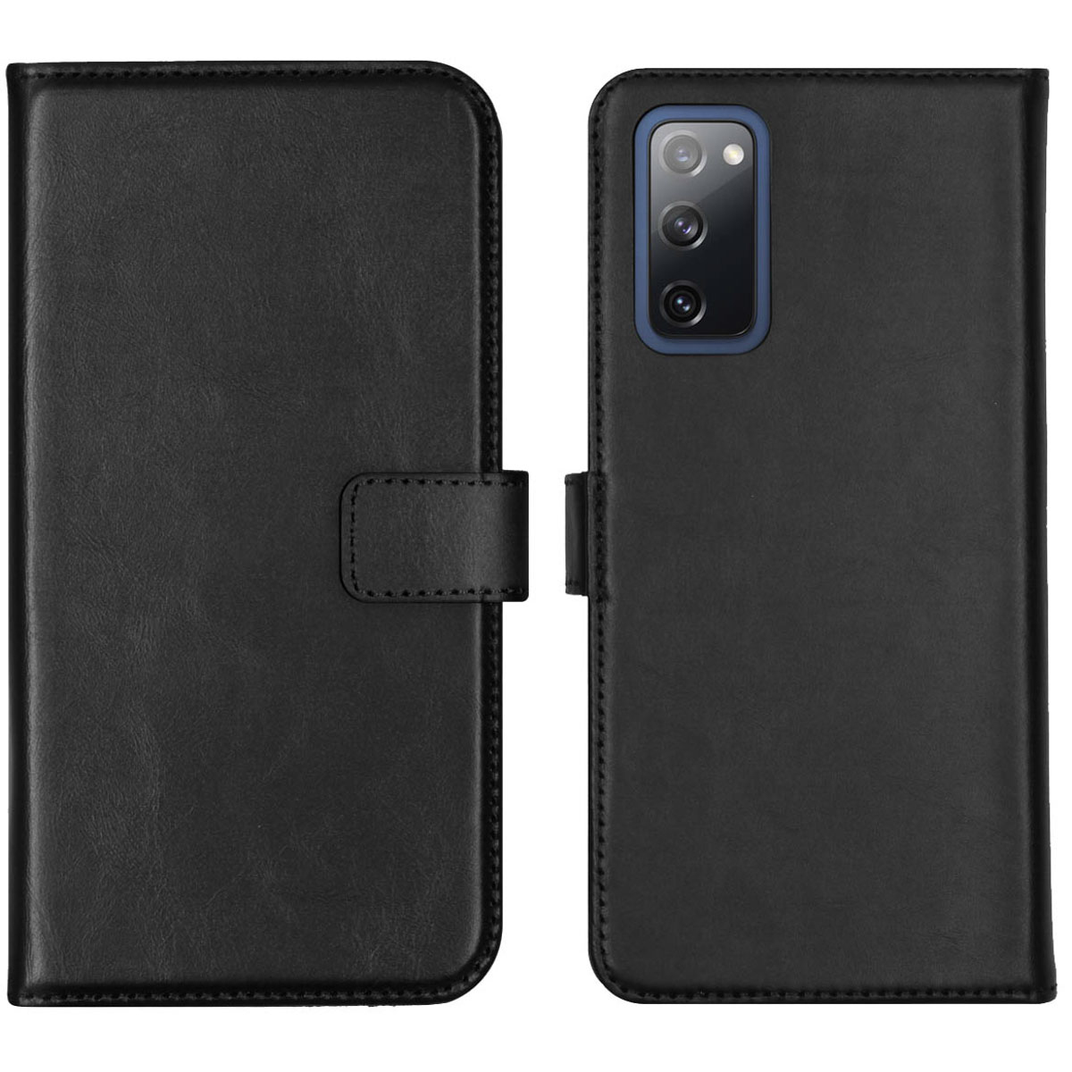 Étui de téléphone noir ouvert. Le côté droit a un téléphone visible avec des caméras. Le côté gauche est une couverture noire solide avec un fermoir.