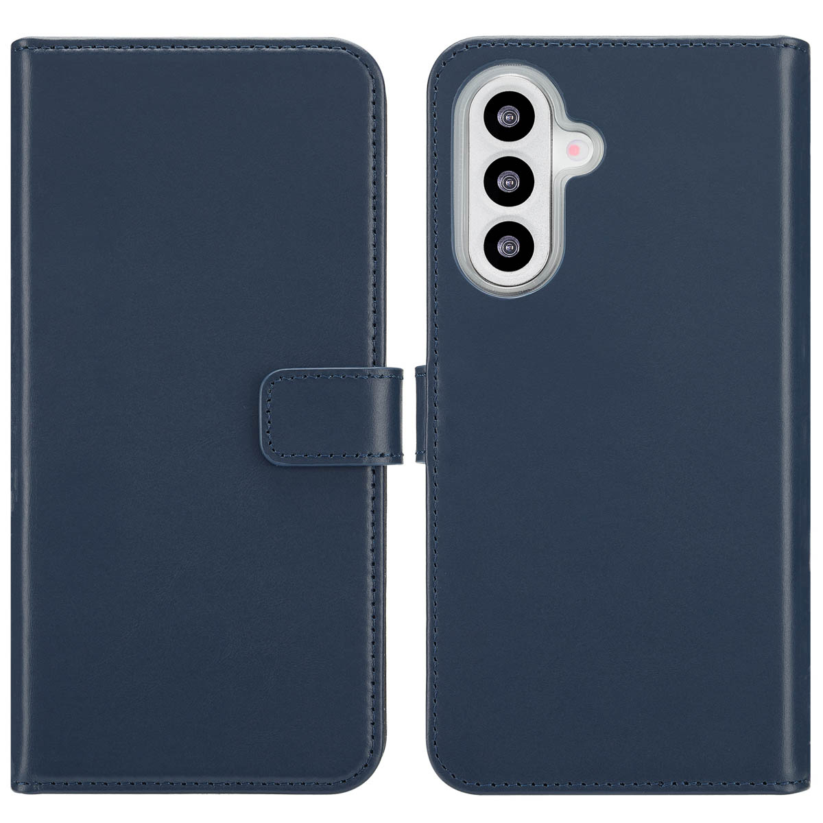 Étui de téléphone bleu, ouvert. Le côté gauche a un fermoir. Le côté droit a un module caméra avec trois lentilles.