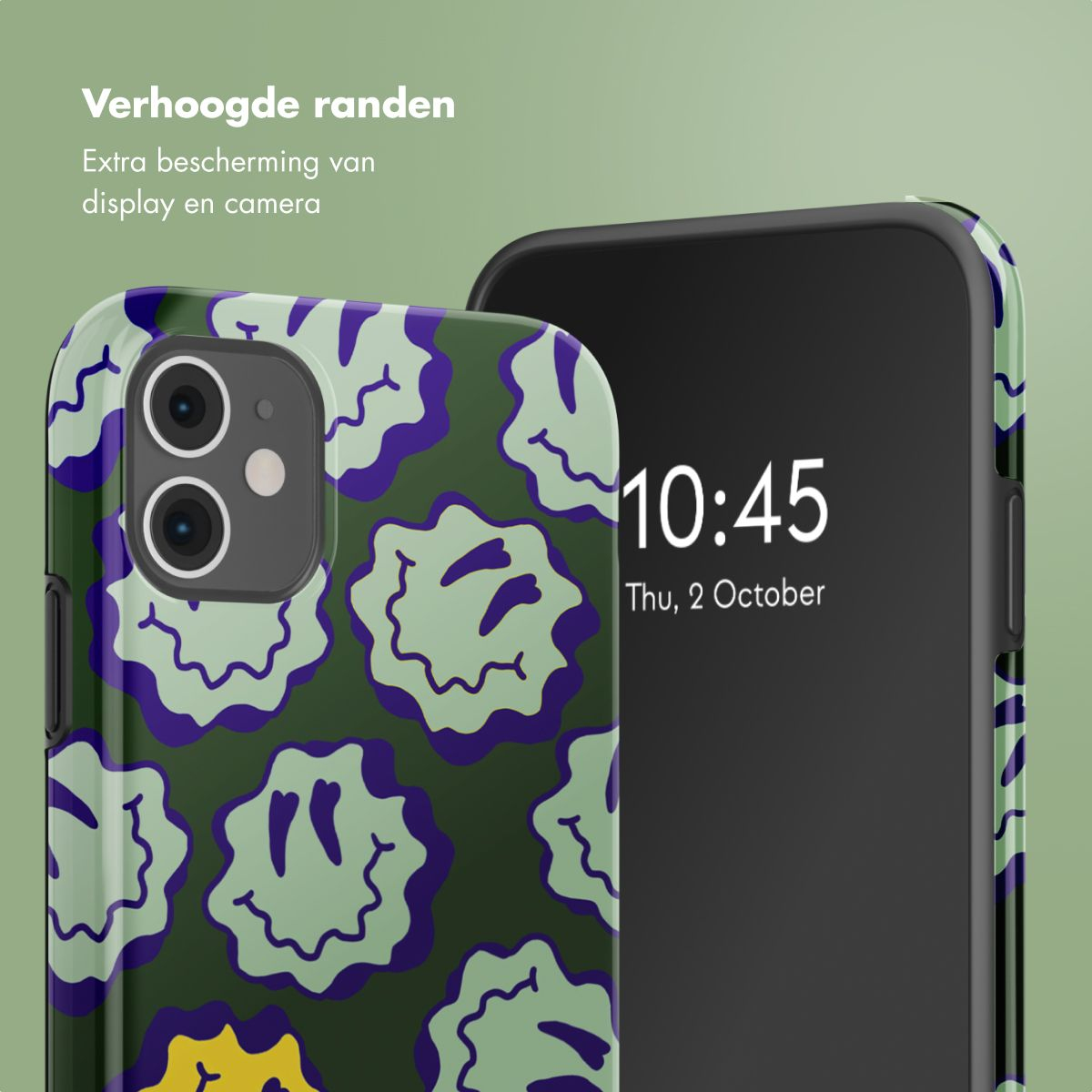 Due smartphone, uno con una custodia a fantasia di faccine sorridenti verdi e viola. L'altro mostra l'ora 10:45 su uno schermo nero.