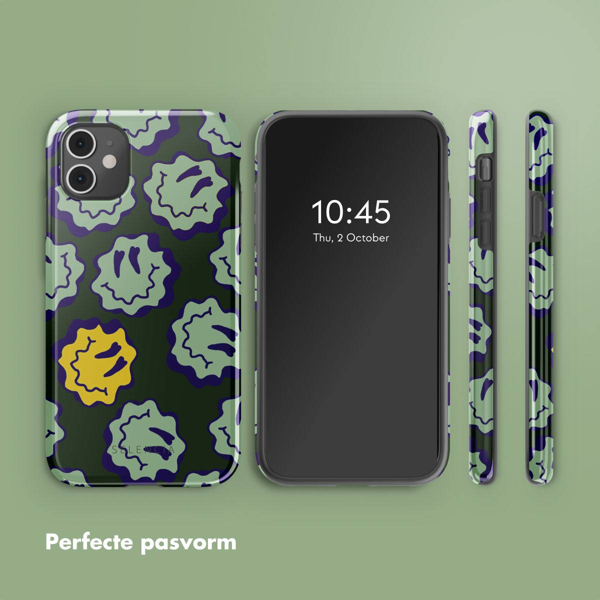 Un telefono e custodie con motivi a faccina sorridente. Il telefono mostra l'ora. Lo sfondo è verde.