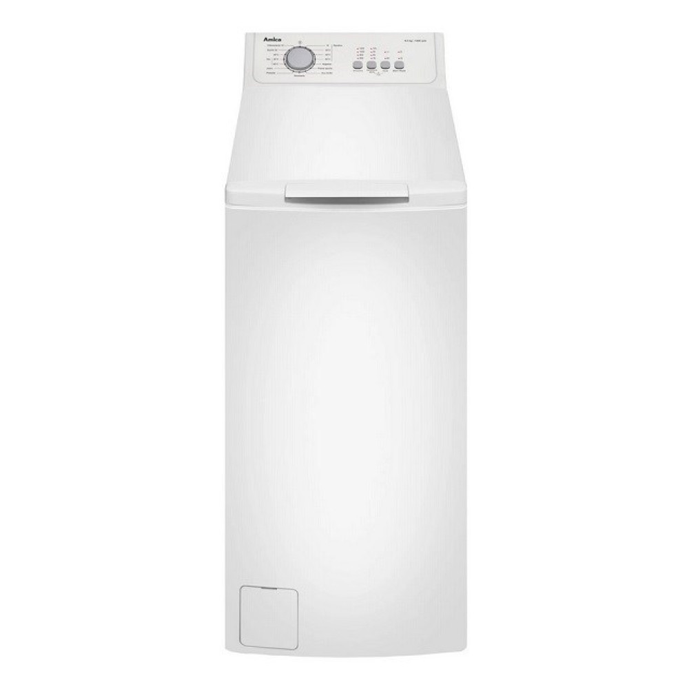 Biała pralka ładowana od góry z panelem sterowania na górze. Widoczna marka Amica. Drzwi na dole.