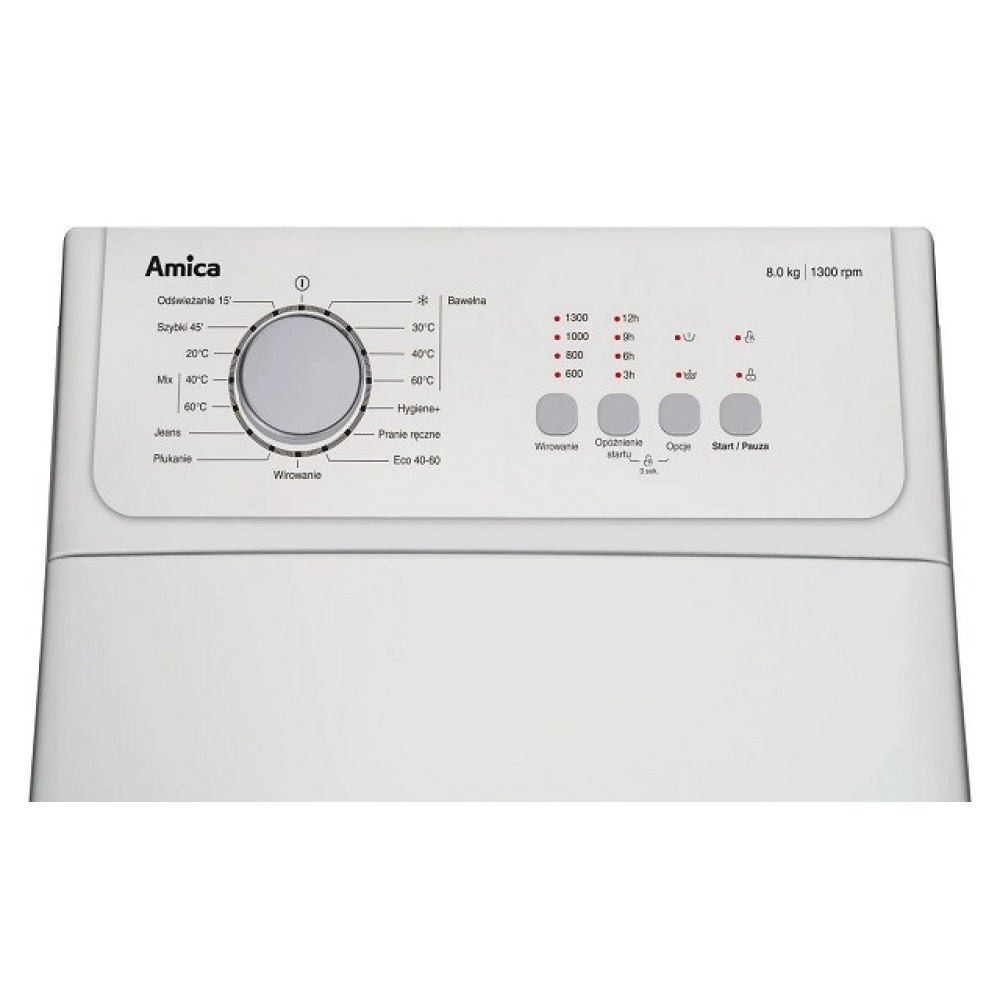 Biały panel sterowania pralki Amica. Posiada pokrętło do ustawień, przyciski i wyświetlacz cyfrowy.
