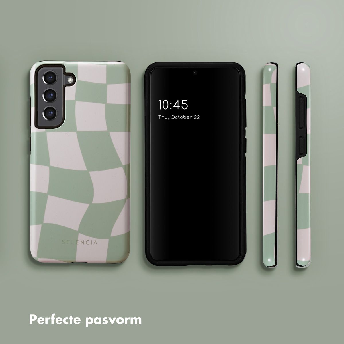 Un telefono e custodie per telefoni con un motivo a scacchiera verde e bianco, il telefono visualizza l'ora 10:45.