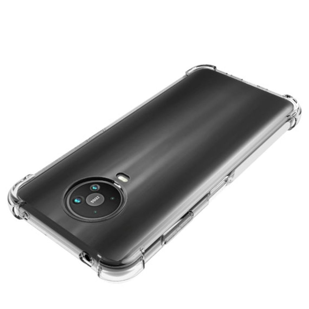 Een doorzichtige telefoonhoes, die de achterkant van de telefoon laat zien. De telefoon is zwart en heeft een camera met het woord ZEISS.