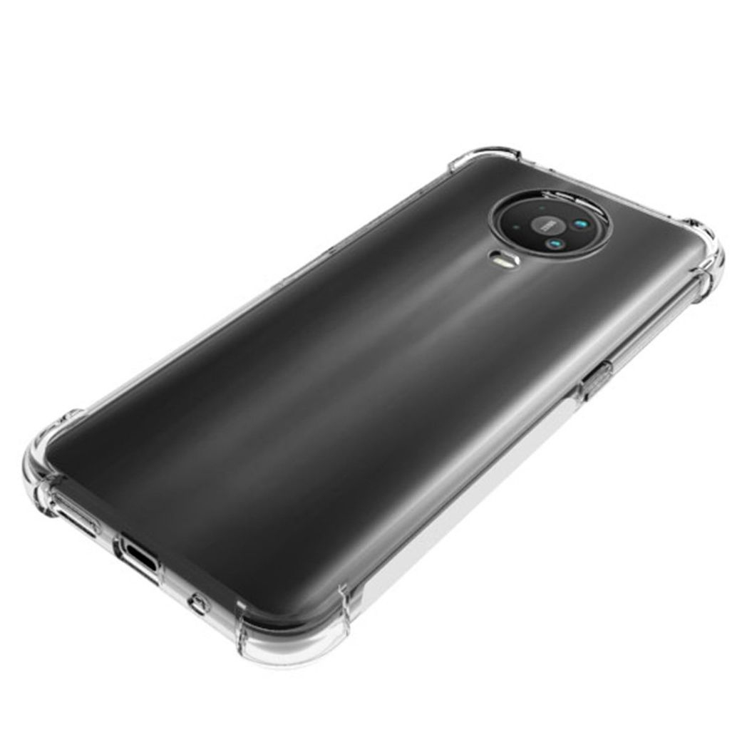 Een doorzichtige telefoonhoes met een zwarte telefoon erin wordt getoond op een witte achtergrond. De camera van de telefoon is zichtbaar.