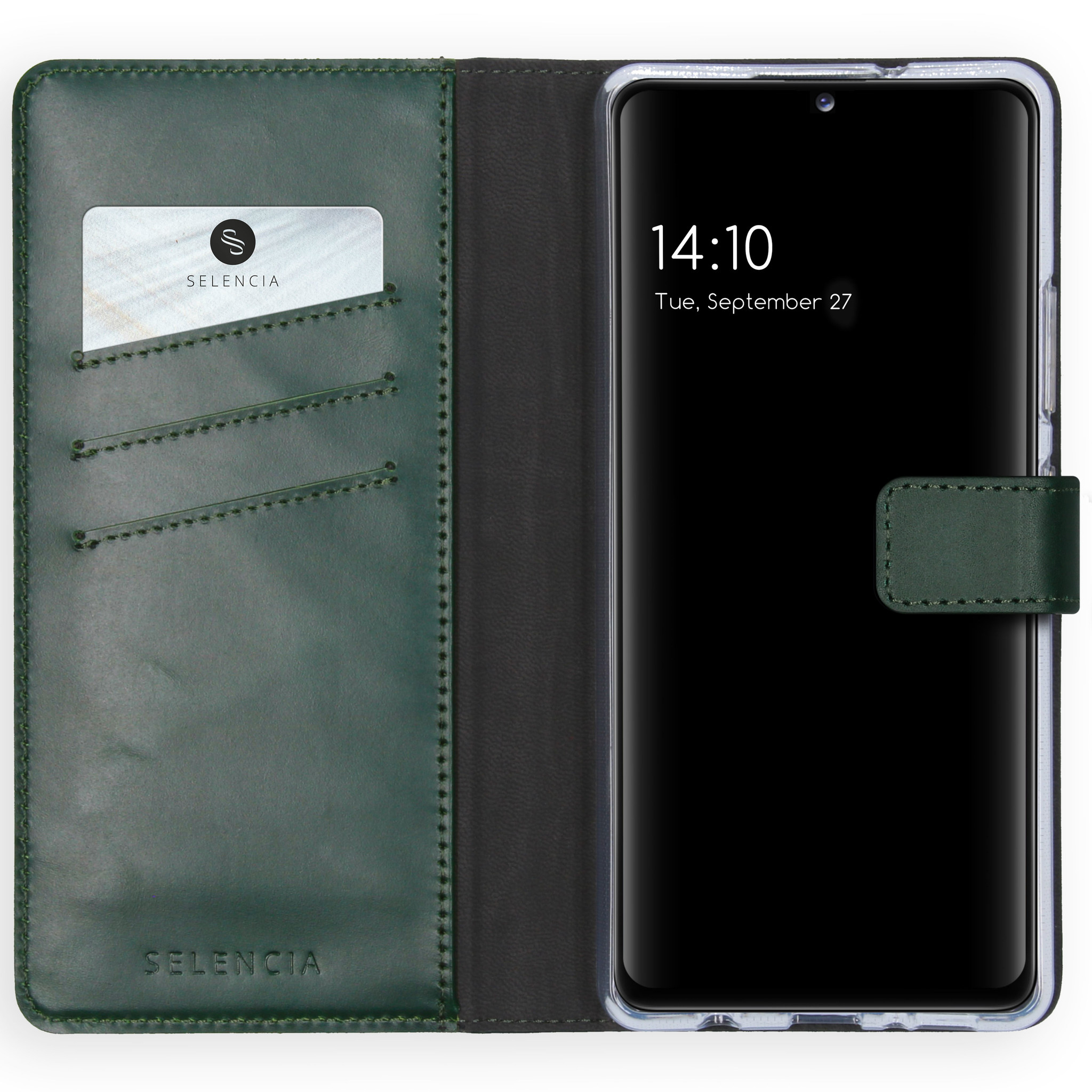 Étui de téléphone en cuir vert avec un téléphone affichant 14:10. Une carte est visible dans l'étui.