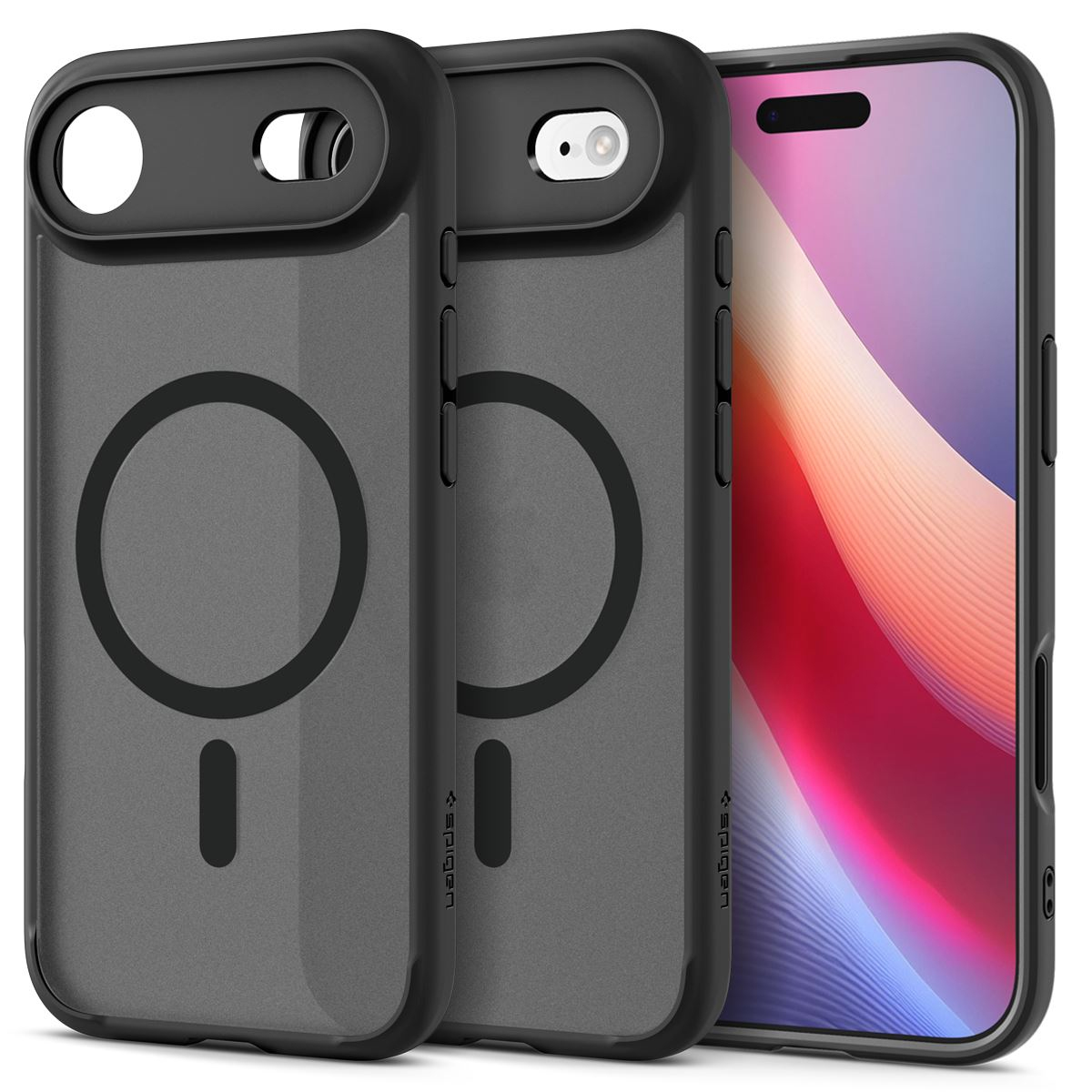 Trois étuis de téléphone : deux gris avec des cadres noirs et un avec un téléphone affichant un écran rose et blanc.
