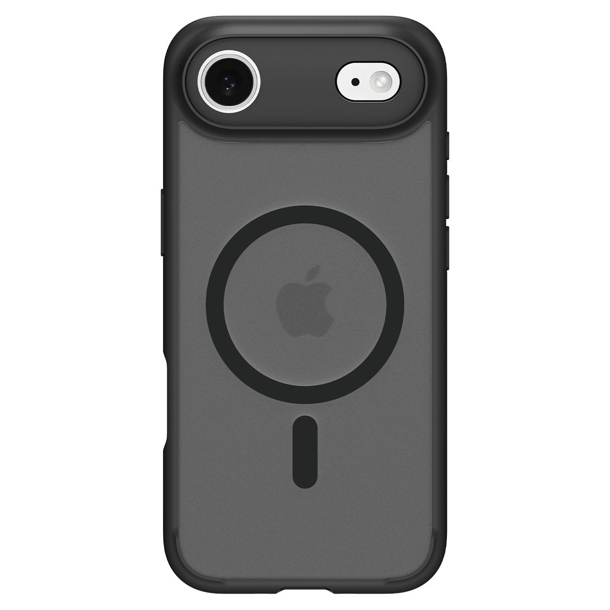 Gros plan d'une coque de téléphone. La coque est noire et grise, avec un logo Apple et un cercle au dos. Possède des découpes pour l'appareil photo.
