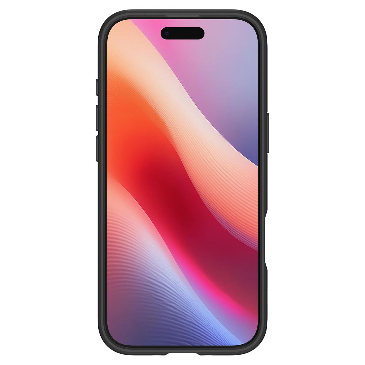 Un smartphone dans un étui noir affiche une image abstraite colorée avec des nuances de rouge, de rose et de bleu. Le téléphone est centré.