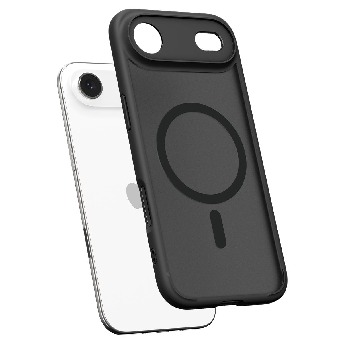 Un iPhone blanc à côté d'une coque noire. La coque a un design circulaire et des découpes pour la caméra et les boutons.