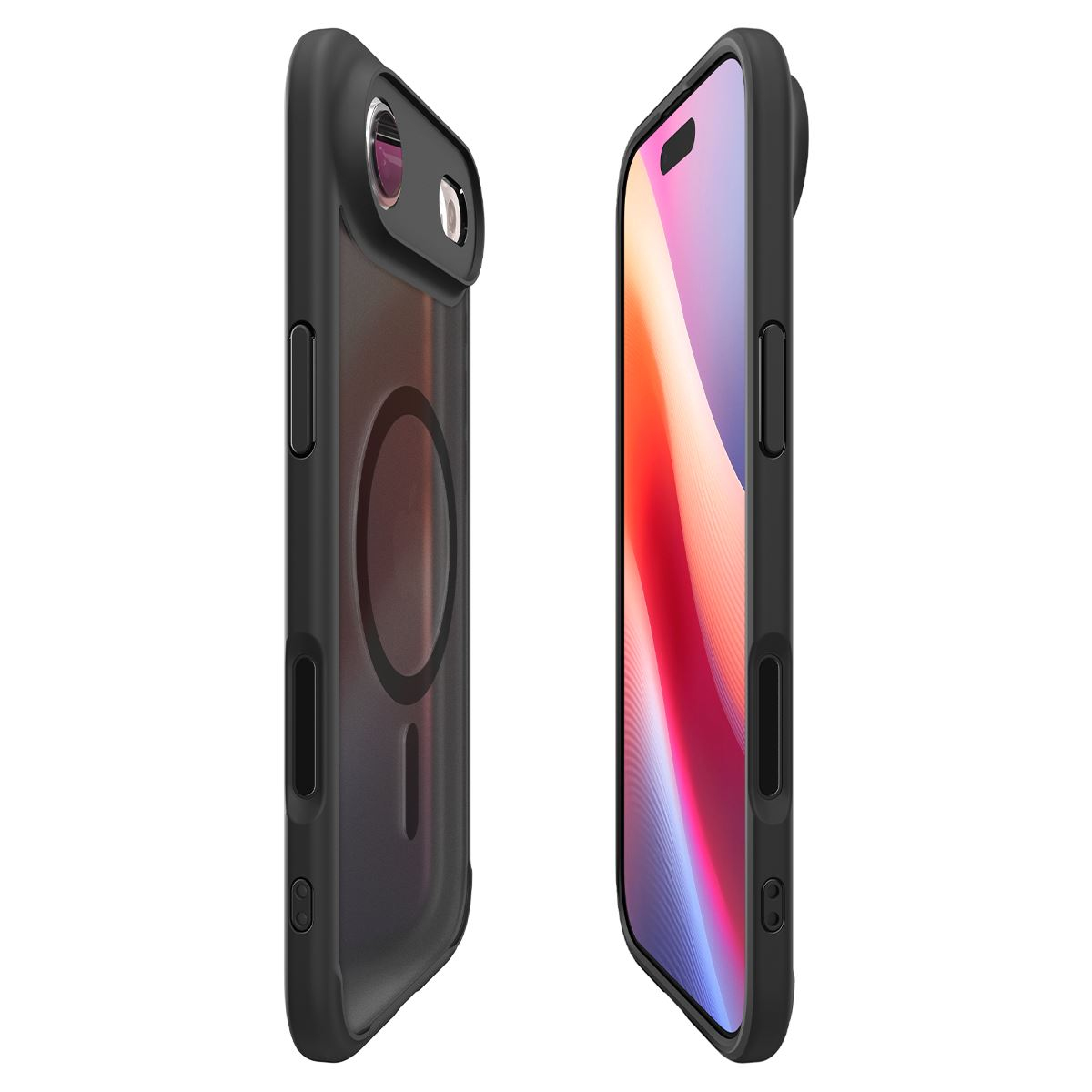 Deux coques de téléphone noires, une avec le téléphone à l'intérieur, affichant un écran coloré. Fond blanc.