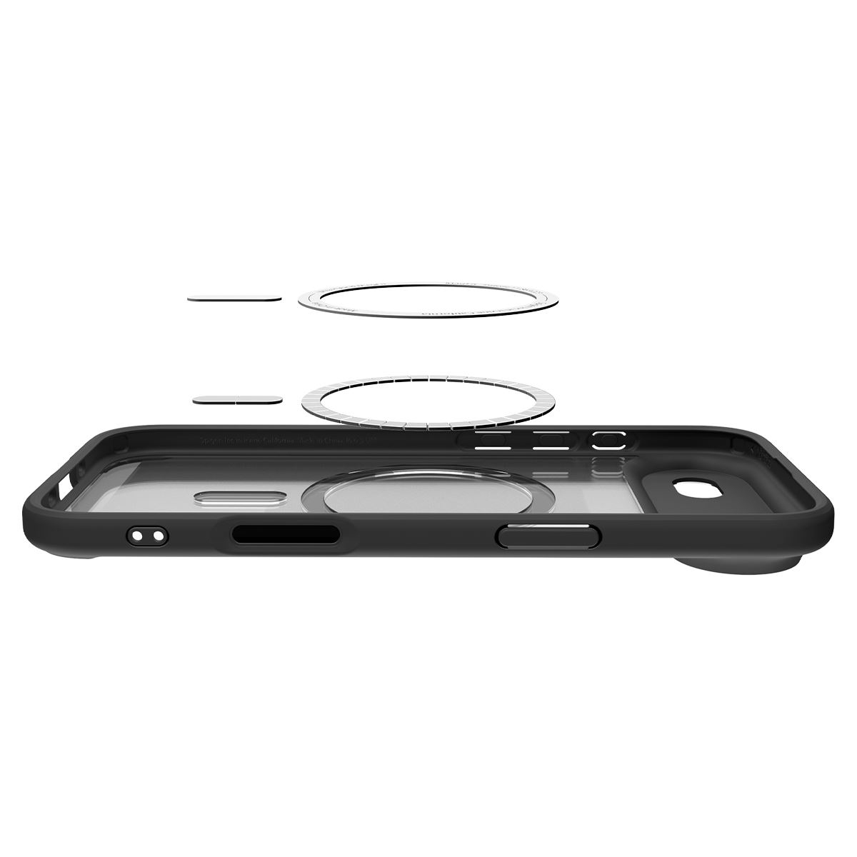 Coque de téléphone noire avec centre clair et anneaux magnétiques au-dessus. La coque est inclinée.