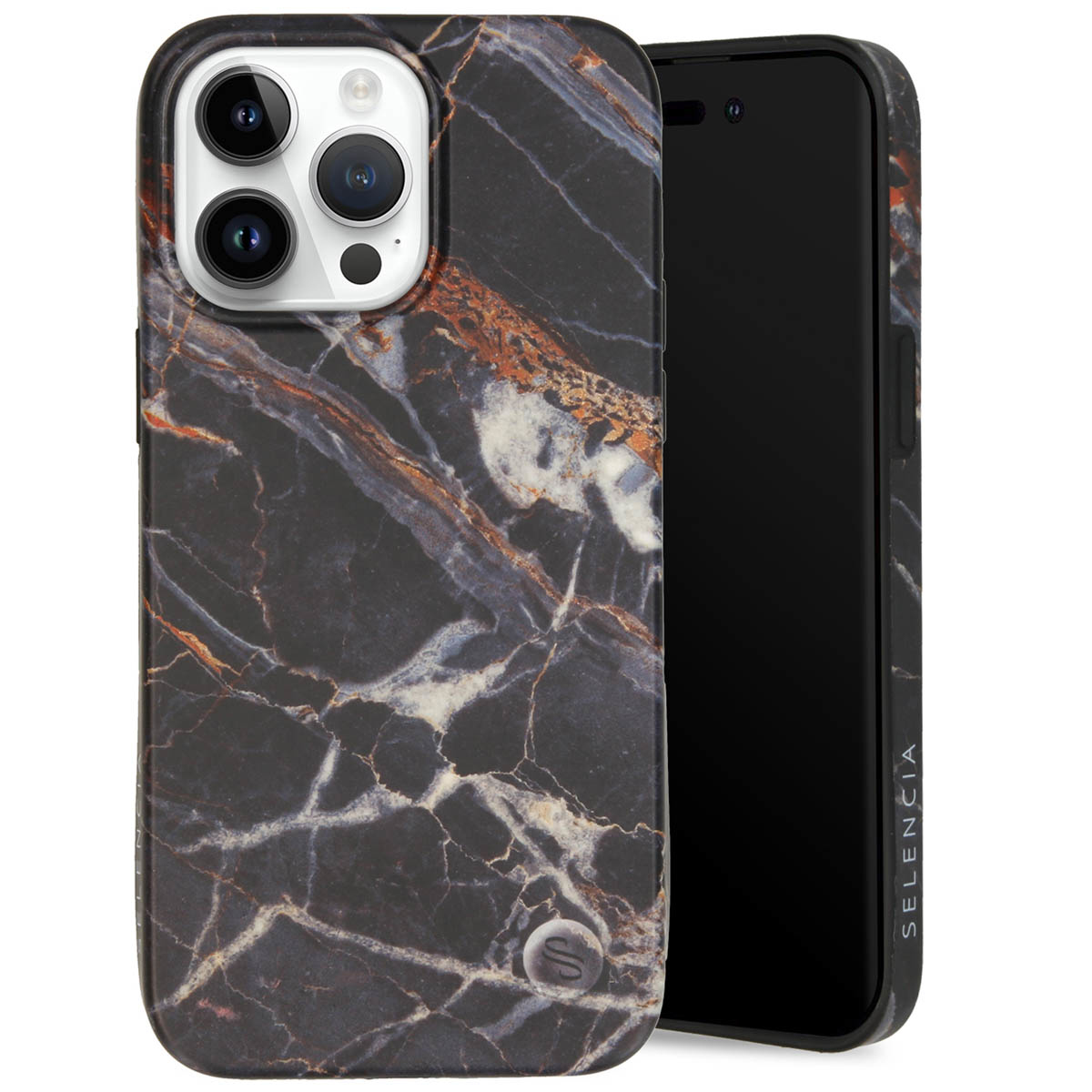 Un smartphone dans un étui à motif marbre. L'étui est noir avec des veines blanches, oranges et bleues. L'écran est noir. "Selencia" est sur le côté.