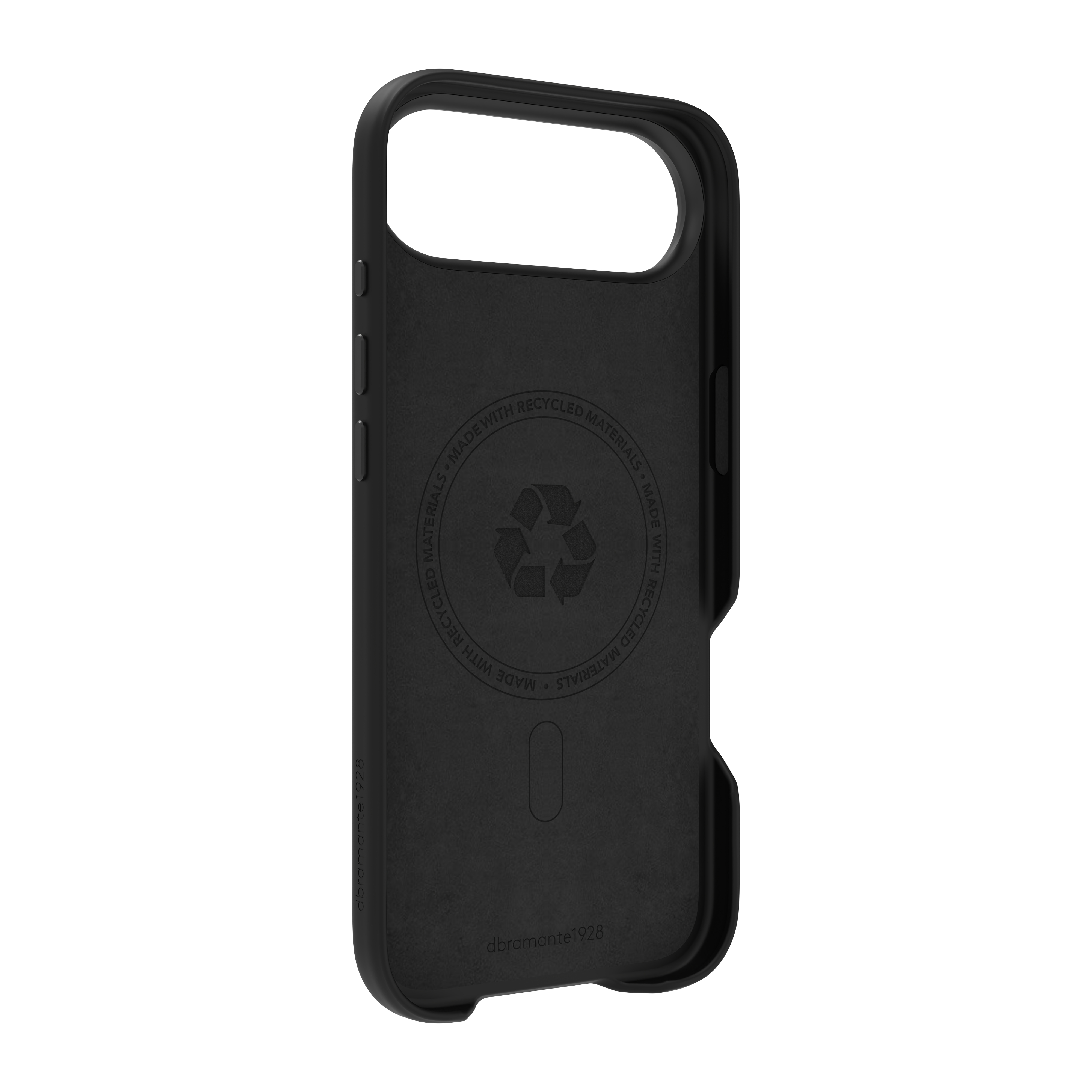 Custodia per telefono nera con un ritaglio per la fotocamera. La custodia presenta un logo di riciclaggio e il testo: Realizzato con materiali riciclati.
