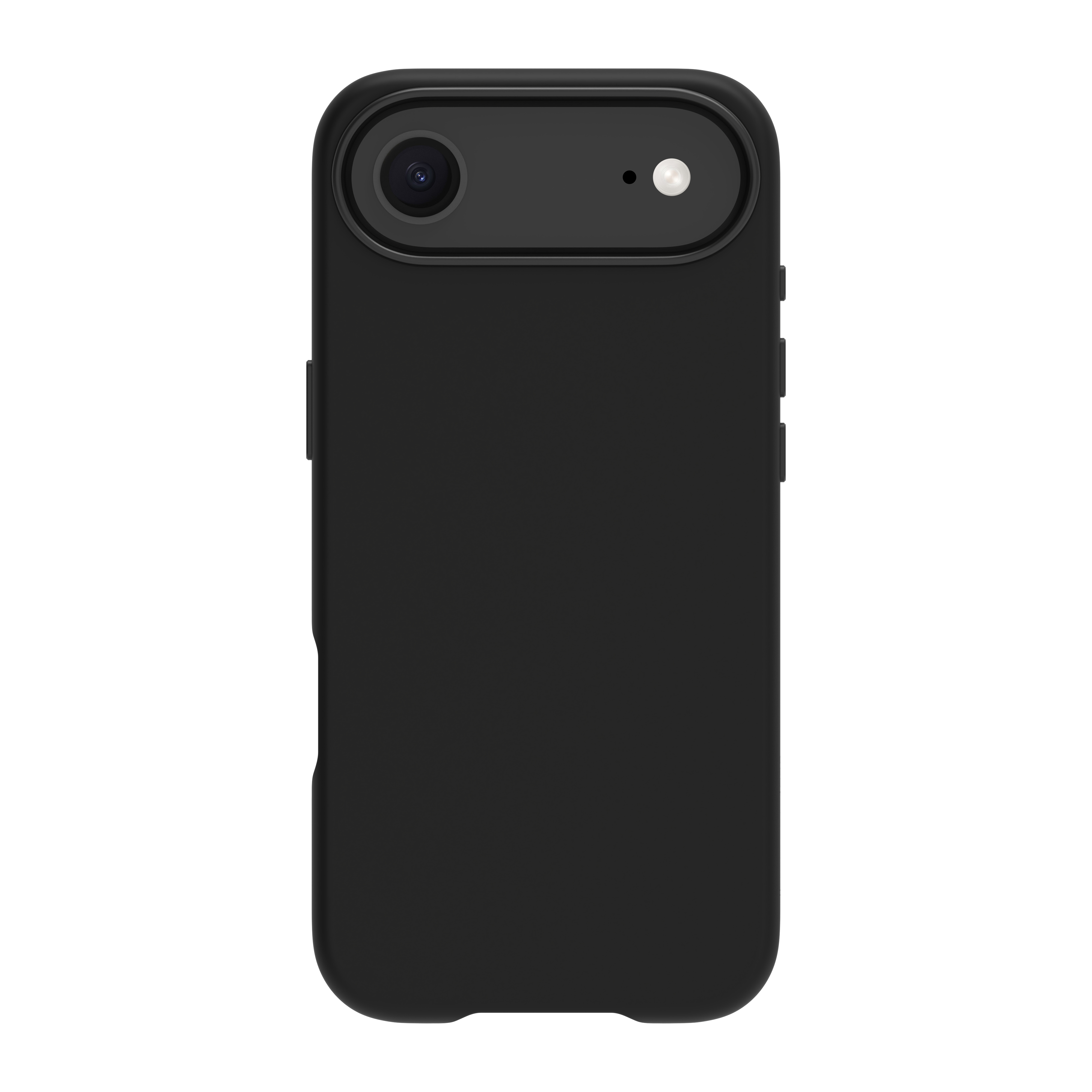 Una custodia nera per telefono. Ha una fotocamera e un flash. Lo sfondo è bianco.
